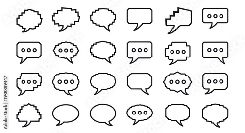 Collection of various speech bubble and chat box icons in outline style.