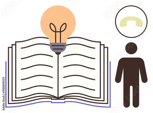 Education, communication, ideas, innovation, learning, inspiration. Open book with lightbulb, person and phone symbol. Education and communication concept
