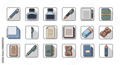 Collection of various stationery and office supplies icons.