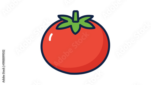 A modern flat vector icon illustration of a round ripe red tomato with a green stem and leaves, featuring an editable stroke for customizable line weight, isolated on a clean white background.
