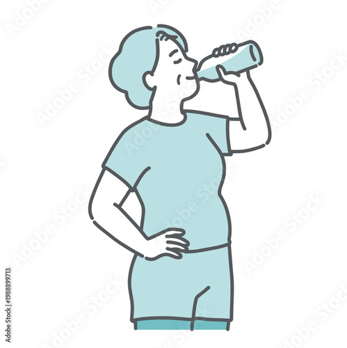 笑顔で水分補給をするスポーツウェア姿のぽっちゃりシニア女性のイラスト