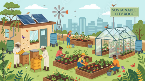 Urban Oasis: A vibrant illustration showcasing sustainable city roof with diverse group tending to a rooftop garden, embracing the beauty of urban sustainability