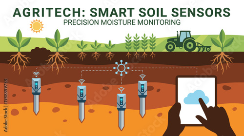 Smart Soil Sensor Technology in Agriculture: Depicting an innovative approach to precision agriculture, the image showcases a digital tablet that displays a cloud.
