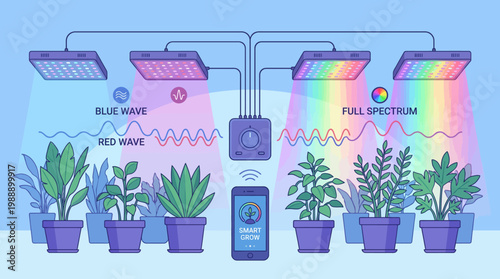 Smart Grow Lights and Plants: An illustrative display showcases the power of smart grow lights in cultivating thriving plants, with varying light spectrums.
