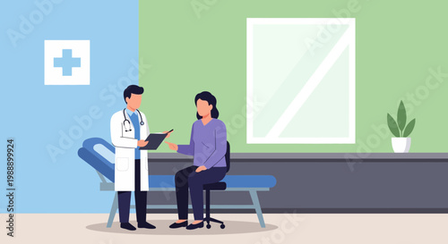 Doctor consulting patient in clinic examination room with medical cross symbol