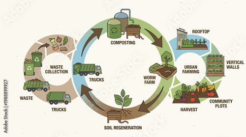 Sustainable cycle of Urban Farming and Eco-Friendly Practices: Depicts a circular diagram illustrating the sustainable journey of waste transformation into urban agriculture.