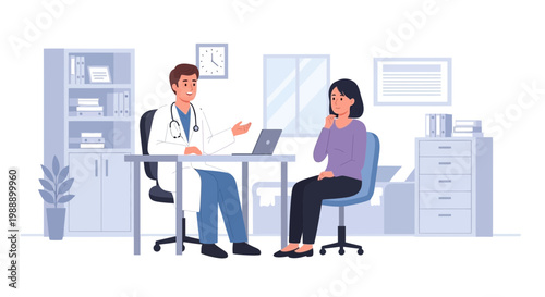 Doctor consulting patient in clinic office, medical consultation, healthcare concept