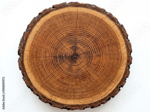 Top-down view of a tree trunk cross-section with visible growth rings and bark on a white background.