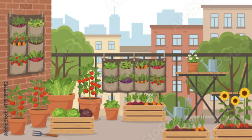 Urban Oasis: A vibrant urban balcony garden overflowing with fresh produce, creating a serene and sustainable green space amid the city.