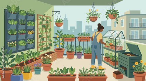 Urban Oasis: A woman tends a thriving urban garden on her balcony, creating a vibrant space of green amidst the city, with a variety of potted plants and hanging baskets.