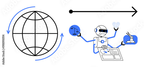 Artificial intelligence, global connectivity, automation, innovation, future technology, robotics process. Robot interacting with globe, lightbulb and scale while holding a diagram. Artificial