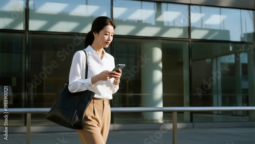 Woman in business attire walking outdoors while using smartphone