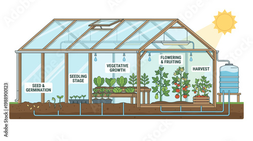 Greenhouse Cultivation Process: An illustrated diagram meticulously details the stages of plant cultivation, encompassing seed germination through to harvest within a greenhouse setting.
