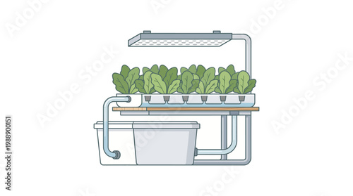 Hydroponic Garden Illustration: A detailed illustration of a hydroponic garden setup, showcasing the efficiency of soilless cultivation and sustainable food production.