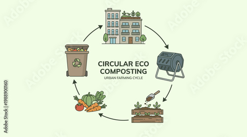 Circular Eco Composting: A diagram illustrating the urban farming cycle, promoting eco-friendly practices of composting and waste reduction.