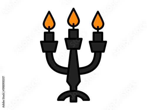 A black silhouette of a three-armed candelabra with lit orange flames against a white background.