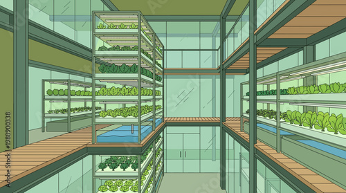 Modern Indoor Farm: A state-of-the-art indoor farm showcases innovative vertical farming techniques, cultivating fresh produce in a controlled environment.