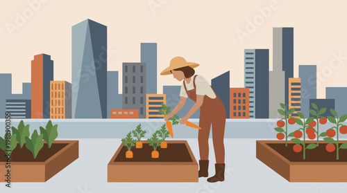 Urban Gardener Nurturing Life: A dedicated urban gardener tending to a vibrant rooftop plot amidst a modern city skyline, embracing sustainable practices and cultivating fresh produce.