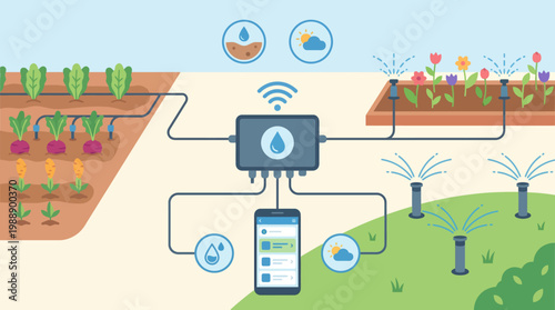 Smart Watering System in Action: A modern, illustrated representation of a smart irrigation system, optimizing water usage in a garden setting, showcasing efficiency and technological advancement.