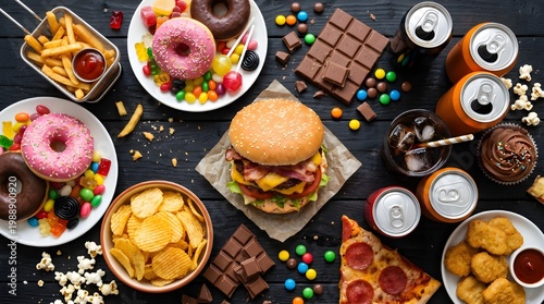 Junk Food Overload Overhead – Assorted Unhealthy Fast Food and Sugar Snacks with Burger, Donuts, Chips, Chocolate and Soda on Black Wooden Table, Diet Risk Concept