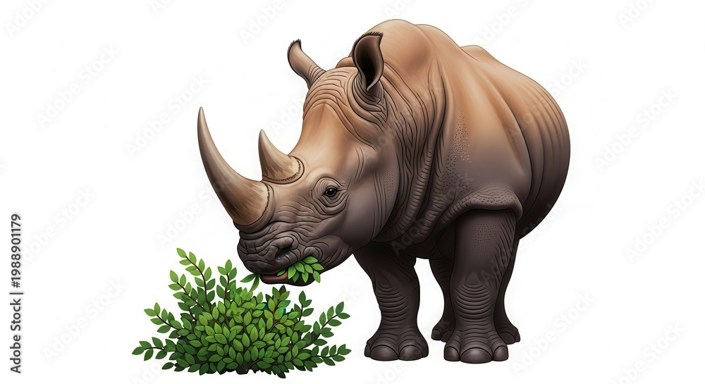 Fototapeta premium Majestic rhinoceros enjoying a leafy meal, showcasing its powerful presence and natural feeding