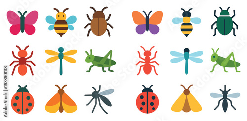 Nature icons with butterfly bee beetle flat
