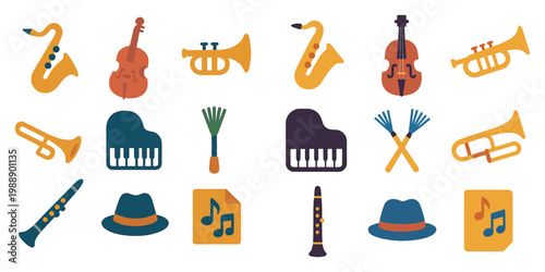 Music icons with saxophone piano trumpet flat
