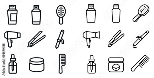 Beauty icons with bottle brush comb outline minimal