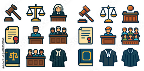 Law icons with gavel scale judge colorful