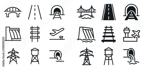 Transport icons with bridge road tunnel outline