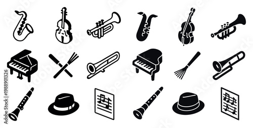Music icons with saxophone violin trumpet bold