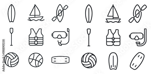 Water sports icons with surfboard sailboat kayak outline