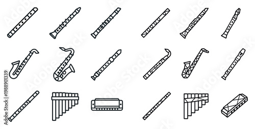 Music icons with flute saxophone panpipes outline