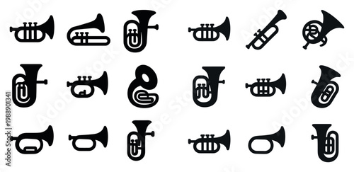 Music icons with trumpet tuba horn silhouette