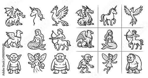 Fantasy icons with dragon unicorn mermaid outline