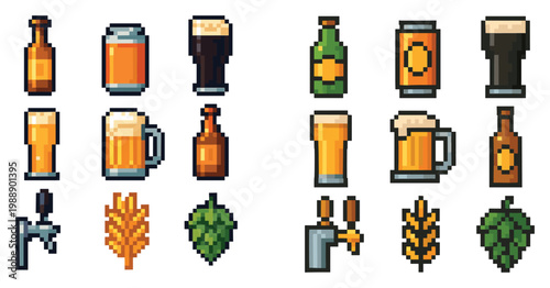 Brewery icons with beer bottle mug pixel
