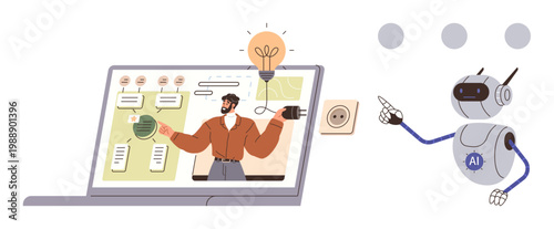 Online education, creative thinking, AI technology, innovation, teamwork, and virtual solutions. Robot with AI assisting a person on a laptop generating ideas. Online education and creative thinking