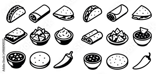 Mexican food icons with taco burrito quesadilla flat