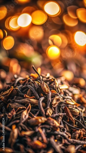 A realistic photo of dried tea leaves closeup as background