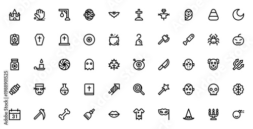 Halloween icon set. Vector illustration pack. Includes pumpkin, ghost, skull, witch, bat, candy, zombie, vampire, mummy, tombstone and more. Editable outline icons.