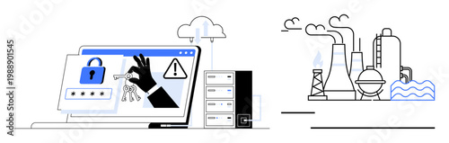 Cybersecurity, data breaches, industrial technology, system hacking, critical infrastructure, online safety. A hand stealing keys from a secured computer next to an industrial facility. Cybersecurity