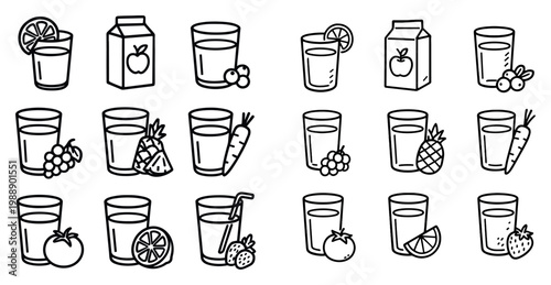 Beverage icons with glass carton and fruit outline style