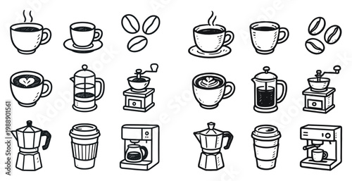 Coffee icons with cup grinder handdrawn