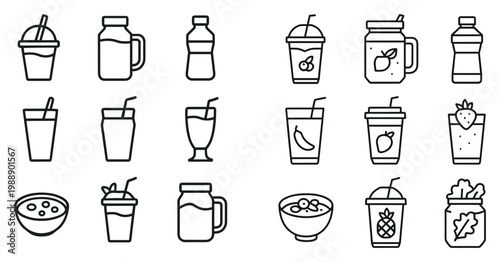 Beverage icons with cup jar bottle outline
