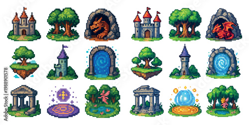 Fantasy icons with castle dragon portal pixel