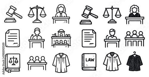 Law icons with gavel scale judge outline