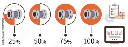 Industrial processes, manufacturing, production monitoring, business efficiency, workflow automation, data analysis. Progress stages at 25 to 100 percent with gears, clipboard, boxes and data meter