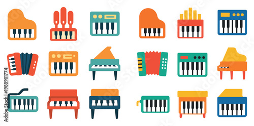 Keyboard icons with piano accordion organ colorful flat