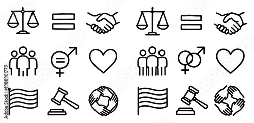 Justice icons with scales handshake people outline