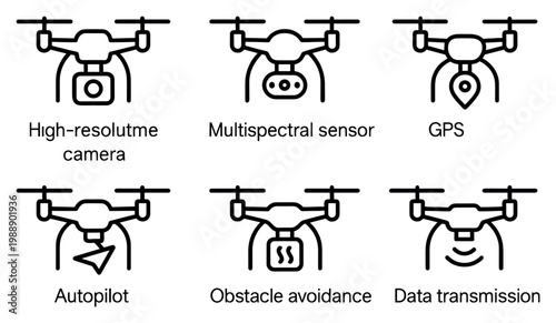 Technology icons with drone camera sensor outline